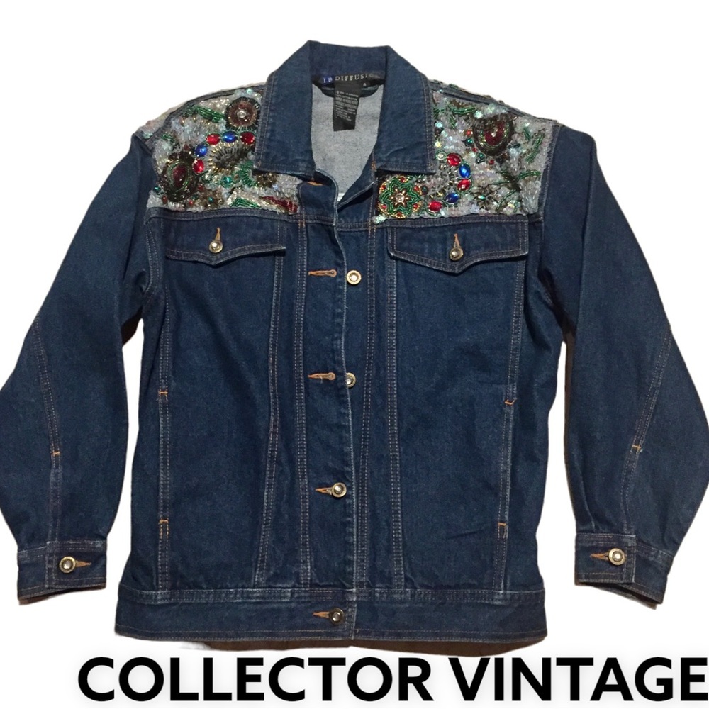 VINTAGE JEAN JACKET 80s IB DIFFUSION bomber blue denim sequins Cowgirl Western